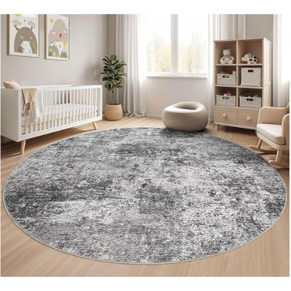 5 ft Round Area Rug Washable Low Pile Gray - Picture 6 of 8